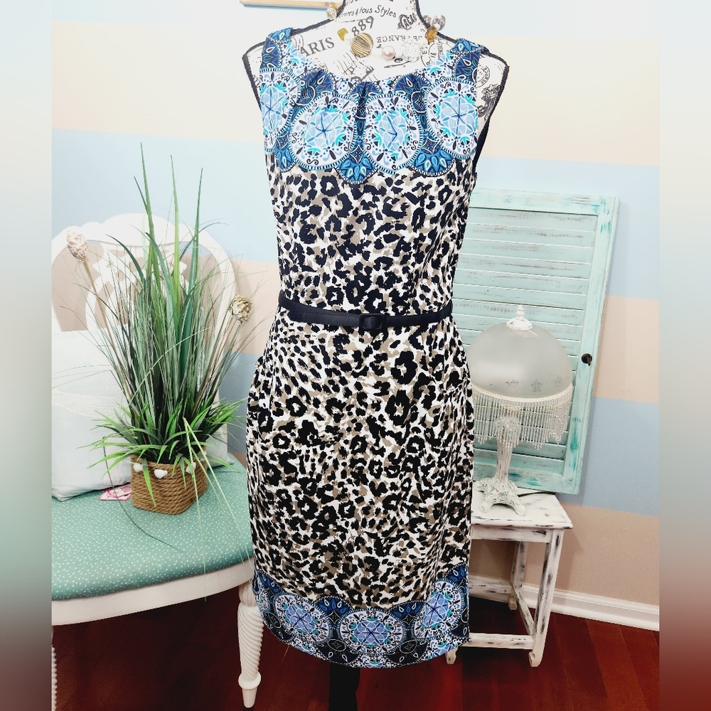 London Times Blue Animal Print Sheath Dress - Picture 2 of 9